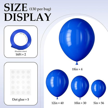 130PCS Blue Balloons, Latex Balloons Different Sizes 18/12/10/5 Inch, Helium Balloons with Ribbon, Party Balloon Set for Birthday Wedding Graduation Anniversary Baby Shower Decorations.