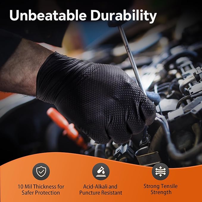 HEAVY DUTY 10 Mil Nitrile Gloves Disposable Mechanic Rubber Gloves Industrial with Raised Diamond Texture,Latex Free