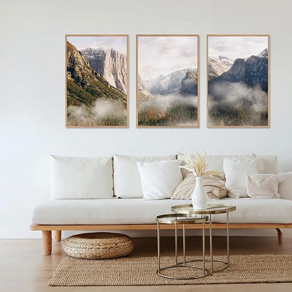 HLNIUC Framed National Park Wall Art Set, Rocky Mountain Grand Canyon Yosemite Wall Decor, Misty Forest Wall Painting, Nature Landscape Canvas Art Prints for Living Room, Bedroom, Office - 16"x24"x3