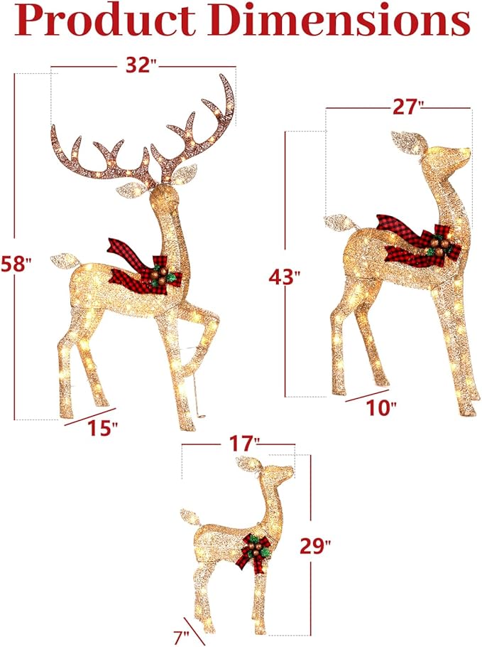 3-Piece Large Lighted Christmas Deer Family Set, Christmas Indoor and Outdoor Decoration with 225 Warm White LED Lights, Ground Pegs, Cable Ties. Suitable for Patio Lawn Garden Party-Champagne