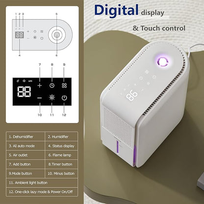 Dehumidifier, Humidifier & Air Filtration & aroma diffuser 3 in 1-1000ml Tank, Auto Humidity Control, ≤45dB Quiet, 7-Color LED for Bedroom/RV/Office (350 sq.ft)