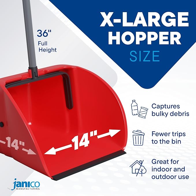 Janico Tall Commercial Dust Pan with Handle – 2 Pack – Indoor/Outdoor Heavy Duty Large Upright Standing Dust Pans with Long Handle – 12-Inch Wide Plastic Stand Up Lobby Dustpan Only with Broom Clip