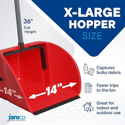 Janico Tall Commercial Dust Pan with Handle – 2 Pack – Indoor/Outdoor Heavy Duty Large Upright Standing Dust Pans with Long Handle – 12-Inch Wide Plastic Stand Up Lobby Dustpan Only with Broom Clip