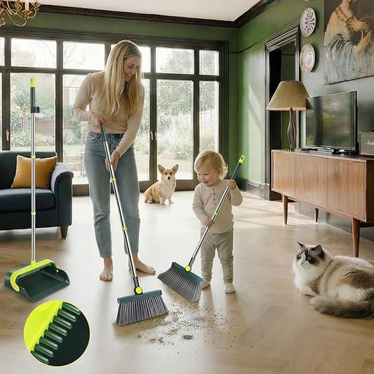 Broom and Dustpan Set – Stainless Steel Long-Handled Broom, Upright Broom with Self-Cleaning Hair Dustpan Teeth, Indoor & Outdoor Use, Suitable for Office, Kitchen & Bathroom