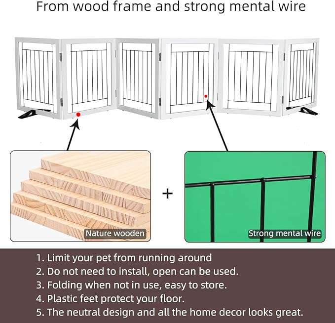 ZJSF Freestanding Dog Gate Indoor, Foldable Dog Fence for Doorways,Hallways or Stairs, Sturdy Wood Extra Wide Pet Gate with Support Feet,White,24 "Height-6 Panels