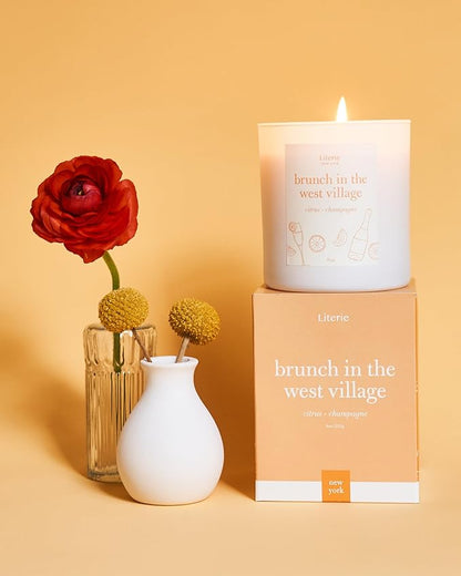 Literie NYC Inspired Scented Candle: Brunch in The West Village - Citrus & Champagne, 9oz, 50 Hour Burn, Vegan Soy & Coconut Blend Candle for Home Decor, Gift for Women & Men