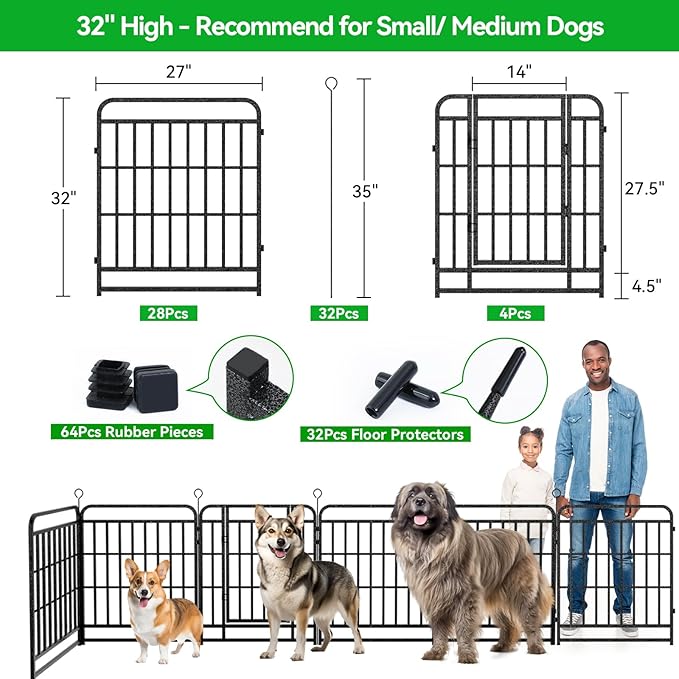 Dog Playpen Outdoor 32 Piece Panels Heavy Duty Dog Fence 32" Height with Thick Pipe Anti-Rust with Doors Portable for RV Camping Yard, Total 71FT, 406 Sq.ft, Snowy Black