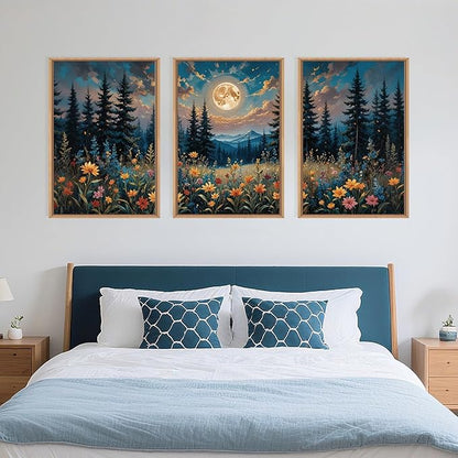 Large Nature Moon Wildflowers Framed Canvas Wall Art,Vintage Forest Flowers Wall Decor,Dark Mountain Night Wall Painting,Wilderness Artwork for Living Room,Bedroom,Dining Room,Office -24"x36"x3