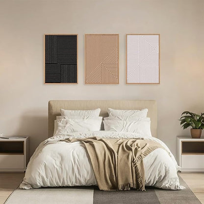 HLNIUC Large Black and White Neutral Wall Art 3 Piece, Boho Abstract Canvas Wall Decor, Minimalist Geometric Line Painting, Mid Century Modern Art Print for Living Room, Bedroom, Office 16x24 In