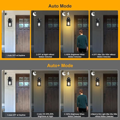 2 Pack Motion Sensor Outdoor Wall Lights, Dusk to Dawn Porch Lights with 3 Adjustable Lighting Modes, Waterproof Exterior Light Fixture Wall Mount, Black Outside Lights for House, Garage, ETL Listed