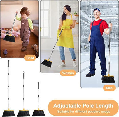 3-Pack Commercial Broom and Dustpan Combo Set, Industrial 51'' Broom and Dustpan Set, Large Standing Bulk Dust Pan Long Handle for Hall Office Garage Floor Outdoor - Bright Yellow
