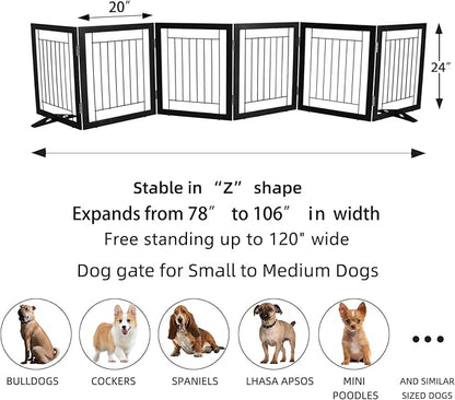 ZJSF Freestanding Dog Gate Indoor, Foldable Dog Fence for Doorways,Hallways or Stairs, Sturdy Wood Extra Wide Pet Gate with Support Feet,Black,32 "Height-6 Panels