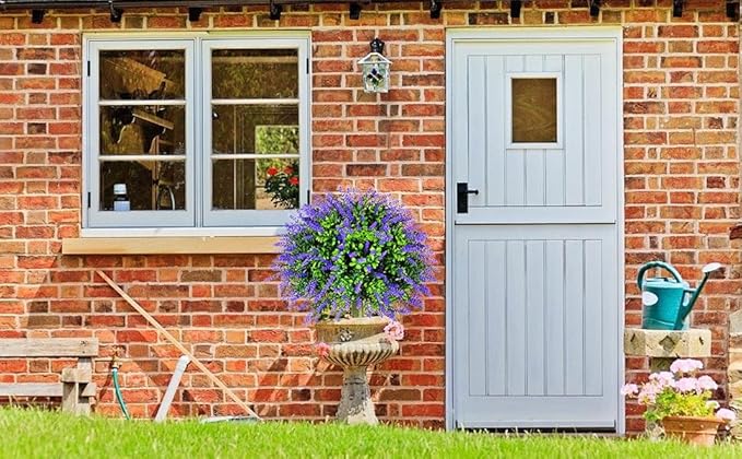 LAFORMO Artificial Lavender Topiary Ball Trees with Ground Spike, 2 Pack 15.7" UV Resistant Artificial Shrubs, Fake Evergreen Artificial Plant Brush for Indoor Outdoor Front Porch Garden