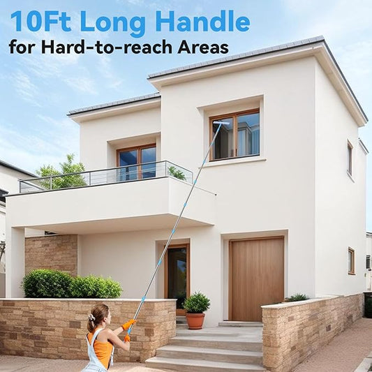 10Ft Window Washing Kit with Extension Pole(Thickened), Window Cleaning Kit with 14" Squeegee & 15" Scrubber (2 Brush Covers), Window Cleaner Tool Washing Equipment for Outdoor High Windows Glass