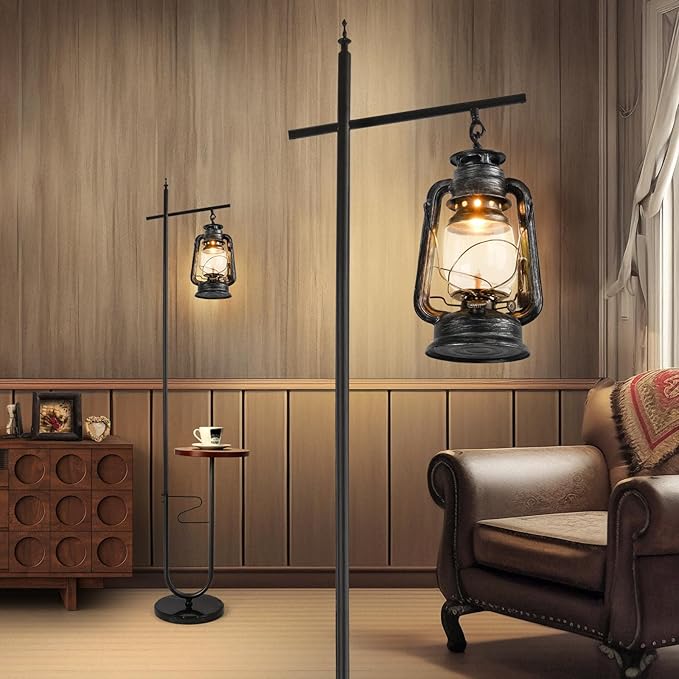 Vintage Floor Lamp with Table,Classical Lantern Standing Rustic Farmhouse Nightstand Hanging Arc Floor Lamp with Black Silver Finish,for Living Room,Bedroom,Reading Room(Silver)