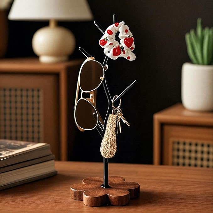 Wooden Base Coffee Mug Holder Tree - Leaf Shaped Countertop Mug Rack with 4 Hooks,Tea Cup Storage Rack, Breakroom Decor, Kitchen & Coffee Bar Accessory Organizer