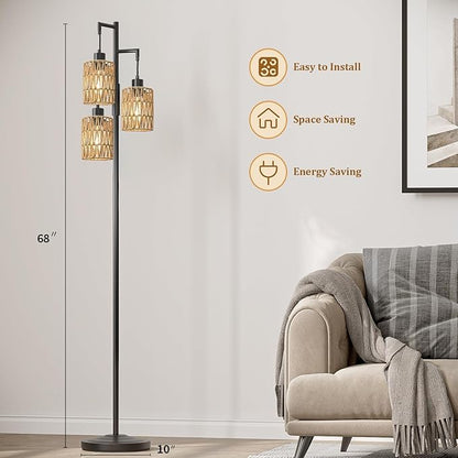 Oneach 68" Floor Lamps for Living Room, Stepless Dimmable Boho Floor Lamp with 3 Bulbs, Tall Farmhouse Industrial Corner Standing Tree Lamp for Bedroom, Office, Study Room, Dining Room, Black