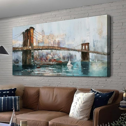 Acocifi New York Brooklyn Bridge Wall Art for Living Room Abstract Cityscape Skyline Picture Large Canvas Painting Textured Artwork Framed for Bedroom Office Bathroom Home Decor 40"x20"