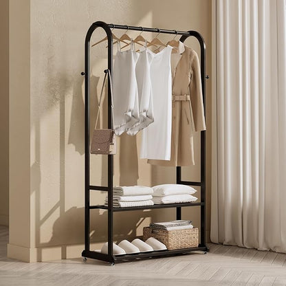Heavy Duty Clothes Rack,Sturdy Metal Garment Racks for Hanging Clothes,Clothing Racks with bottom shelves & 6 Hooks,Multi-Functional Closet Rack for Bedroom Living room