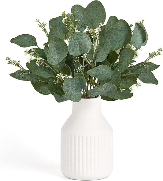 Dahey Artificial Eucalyptus Stems in White Ceramic Vase Centerpiece Table Decorations Modern Farmhouse Decor Fake Plants with Vase for Bathroom Kitchen Shelf Living Room Greenery Decor, 4 inches