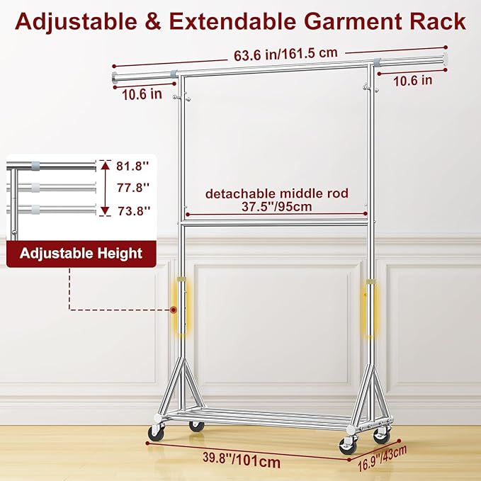 100% Stainless Steel Heavy Duty Clothes Rack Load 860LBS, Rolling Double Rods Clothing Racks for Hanging Clothes, Adjustbale Garment Rack With Sturdy Wheels Shelf, Portable Closet Rack Free Standing