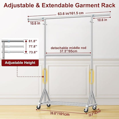 100% Stainless Steel Heavy Duty Clothes Rack Load 860LBS, Rolling Double Rods Clothing Racks for Hanging Clothes, Adjustbale Garment Rack With Sturdy Wheels Shelf, Portable Closet Rack Free Standing