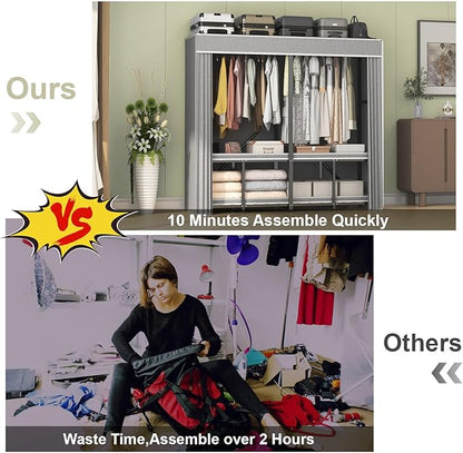 95% Assembeld Strong Garment Rack, Premium Metal 75" L Extra Large Heavy Duty Clothes Rack with Cover, Portable Foldable Freestanding Strong Clothes Racks for Hanging Clothes, Black