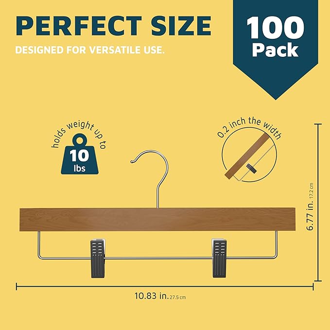 Natural Color Wooden Pants Hangers 100 Pack, Lotus Wood Hanger with Adjustable Non-Slip Clips, Heavy Duty 10 lb Capacity, 360° Swivel Hook, Slim, Space-Saving Design for Slacks, Jeans, Skirts