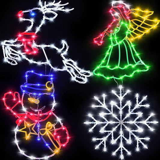 Christmas Decorations - 16" Christmas Window Silhouette Lights - 4 Pack Colour Lighted Reindeer ＆ Angel & Snowflake ＆ Snowman for Holiday Indoor and Outdoor Wall Door Window Decorate