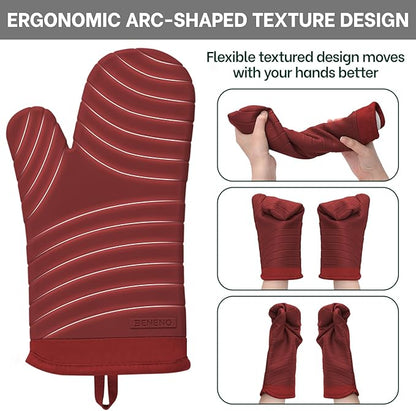 Beneno Premium Silicone Oven Mitts 2-Pack Heat Resistant 500°F, Soft Flexible Non-Slip Grips, BPA-Free & Waterproof Oven Mitts with Comfortable Cotton Lining for Baking, Grilling, Cooking, 7"x13", Red