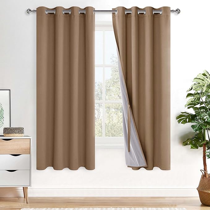 XWZO 100% Blackout Curtains with Tiebacks- 2 Thick Layers Completely Shaded Window Treatment Thermal Insulated Lined Drapes with Grommets for Bedroom/Patio Door, Cappuccino, W52 x L72, Set of 2