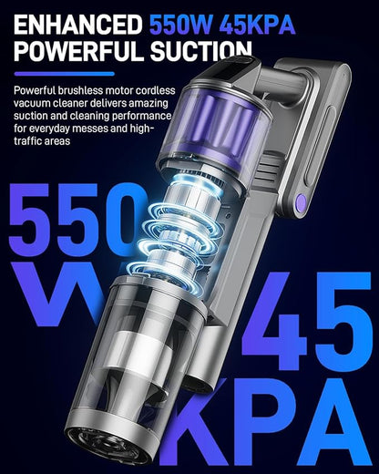 Cordless Vacuum Cleaner, Vacuum Cleaners for Home, 45KPA 550W Stick Handheld Portable 60 Mins Runtime Rechargeable Battery Pet Hair Hardwood Floor Vac, Household Lightweight Hand Vac, V10 Purple