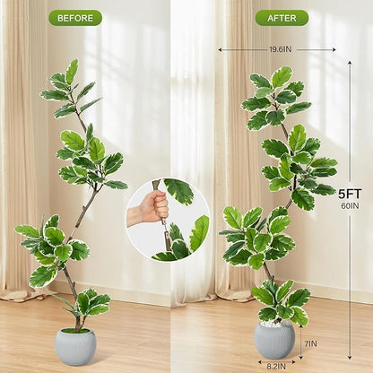 Garvee Fiddle Leaf Fig Tree Artificial Indoor, Faux Floor Plant, 5FT Tall Fake Plant with Planter and Pebbles, Artificial Trees for Home Decor Indoor,Tall Fake Tree for Housewarming