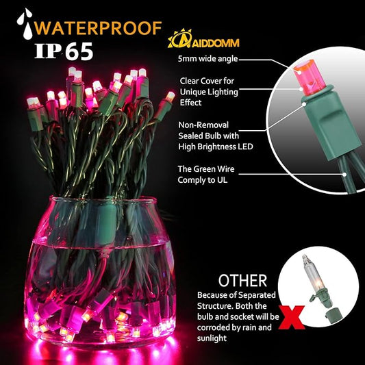 50 Counts Pink Christmas Lights – 25ft 5mm Pink String Lights Outdoor Commercial Grade Waterproof, Indoor Pink Christmas Tree Decorations, Green Wire Mini String Lights, UL, IP:65