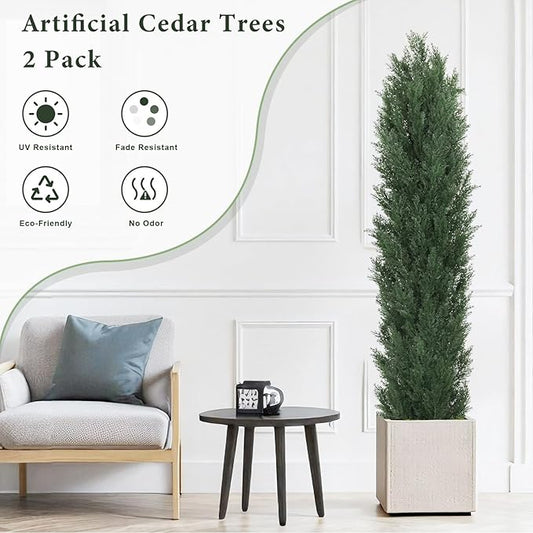 THE BLOOM TIMES 6ft Topiary Trees Artificial Outdoor Set of 2, UV Resistant Faux Cedar Pine Cypress Bushes & Shrubs, Fake Plants for Front Porch Outside Planter Patio Christmas Decor 6 Foot Tall