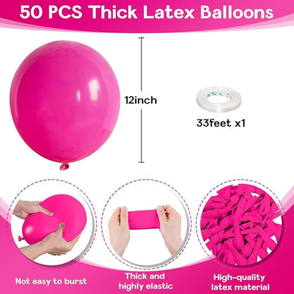 Hot Pink Balloons 12 Inch, 50Pcs Fuschia Pink Balloon Magenta Latex Balloons Matte Neon Dark Rose Pink Helium Balloons for Princess Birthday Wedding Baby Shower Valentine's Day Party Decoration