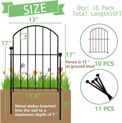 10 Panels No Dig Metal Garden Fence, Rustproof Decorative Dog & Rabbit Barrier with 11 Sturdy Stakes, Outdoor Animal Fencing for Yard, Patio, Flower Beds (Black)