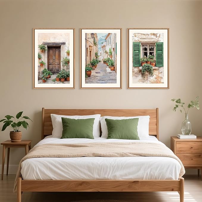 Large Vintage Italy Cityscape Framed Canvas Wall Art,Minimalist Europe Street Art Prints,Natural Green Window Wall Decor,Modern Country Landscape Artwork for Living Room,Dining Room -16"x24"x3
