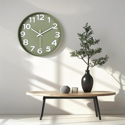 45MinST 12 Inch 3D Number Dial Face Modern Indoor Outdoor Clock, Silent Non-Ticking Round Home Decor Wall Clock with Arabic Numerals, Colorful Dial Face (Olive Green)