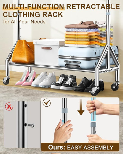 Upgraded 100% Stainless Steel Clothing Rack Load 760LBS, Heavy Duty Clothes Racks with Larger & Sturdy Wheel, Extendable & Adjustable Rolling Garment with Shelves for Hanging Portable Closet Rack