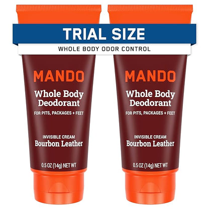 Mando Whole Body Deodorant - Mini Travel Size Invisible Cream Tube - 72 Hour Odor Control - Aluminum and Baking Soda Free, Skin Safe - .5 oz (Pack of 2) (Bourbon Leather)