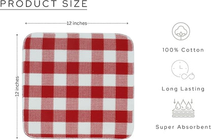Waffle Weave Plaid Dish Cloths, 100% Cotton - 12 x 12 Inches, Ultra Soft Absorbent Quick Drying Dish Towels Buffalo Check Dish Rags for Kitchen, 6 Pack - Fall Thanksgiving - Red and White