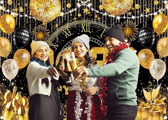 Happy New Year 2026 Black Gold Backdrop 2026 New Year Eve Countdown Photo Background Cheer to 2026 Party Decoration Banner Photo Supplies (Gold, 120x96inch (10x8FT))