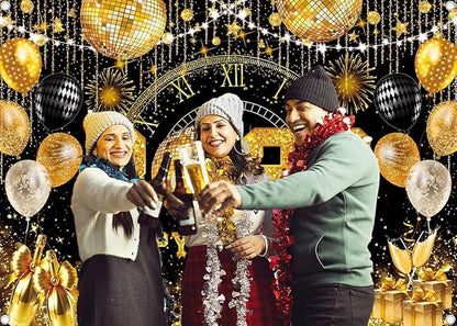 Happy New Year 2026 Black Gold Backdrop 2026 New Year Eve Countdown Photo Background Cheer to 2026 Party Decoration Banner Photo Supplies (Gold, 82x59inch (7x5FT))