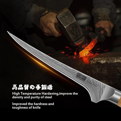 7 Inch Damascus Fillet Knife, Professional VG-10 Super Steel Japanese Boning Knife, Ultra Sharp Fish Knife with Ergonomic Olive Wood Handle
