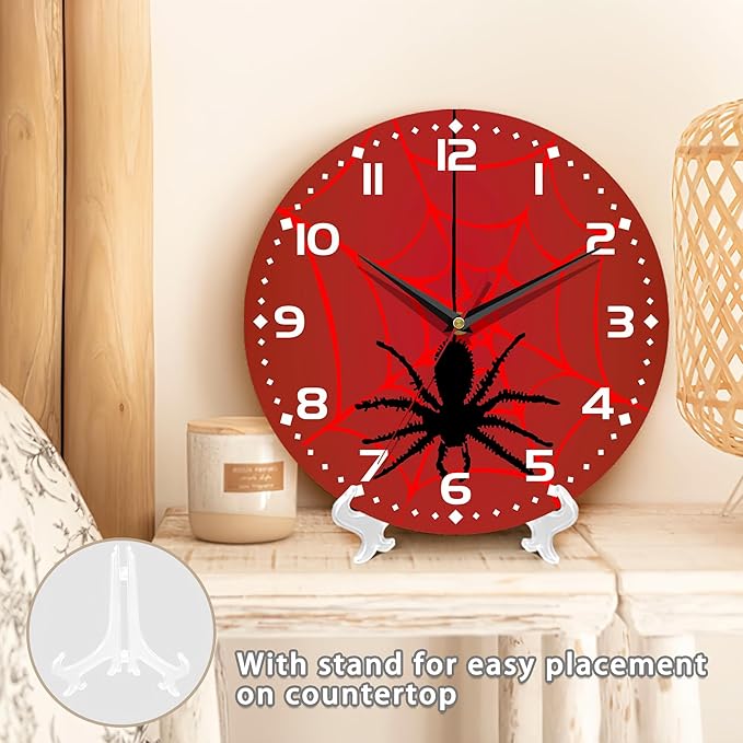 Spider On Spider Web Wall Clock Vintage Wooden Wall Clock Silent Non-Ticking Battery Operated Arabic Numerals Wall Clocks Decorative for Kitchen, Office, Classroom 10 Inch