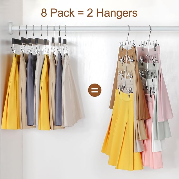 TOPIA HANGER 4 Tier Metal Skirt Hangers for Women, Pants Hanger Space Saving with Adjustable Clips, Gain 70% More Space, Non Slip Grip for Slacks, Trousers, Shorts, Jeans, Towels, Black, 2-Pack, CT20B