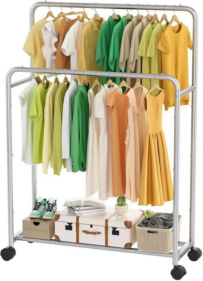 Simple Trending Clothing Clothes Rack Double Rods with Wheels, Rolling Metal Garment Rack for Hanging, Silver