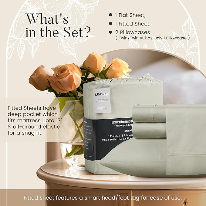 CHATEAU HOME COLLECTION 100% Organic Cotton Sheets Twin Size, Soft & Comfy Breathable 300 Thread Count Deep Pocket Sheets for All Seasons, Machine Washable No Pill Thick Cotton Bed Sheet – Sage