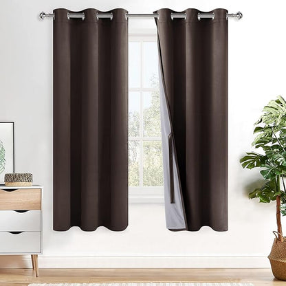 XWZO 100% Blackout Window Curtains - Thermal Insulated & Completely Room Darkening Black Liner Window Treatment with Tiebacks for Bedroom/Living Room, Brown, W42 x L63, Set of 2 Panels